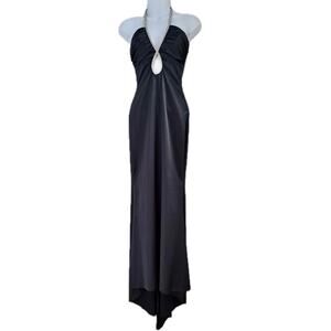 VTG 90s Black Satin Halter Gown Babydoll Fishtail Train Old Hollywood Y2K XS